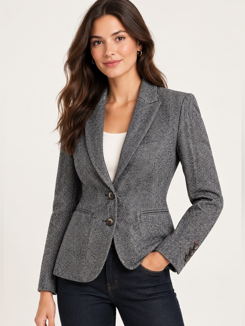 Boden Elizabeth British Tweed by Moon Blazer US 8R Wool Gray Herringbone Jacket